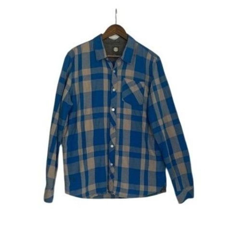 ELEMENT Skater Blue Tan Plaid Flannel Cotton Button Down Shirt Large Long Sleeve